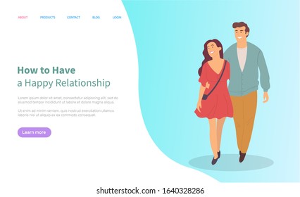 How to have happy relationships, young people walk in pairs smiling cartoon characters. Vector woman and handsome guy in blue jacket. Website or webpage template, landing page flat style