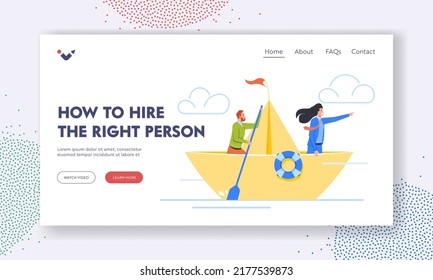 How to Hire Right Person Landing Page Template. Business People Floating On Paper Boat. Woman Leader Show Direction with Hand, Man Row with Paddle. Way to Success Concept. Cartoon Vector Illustration