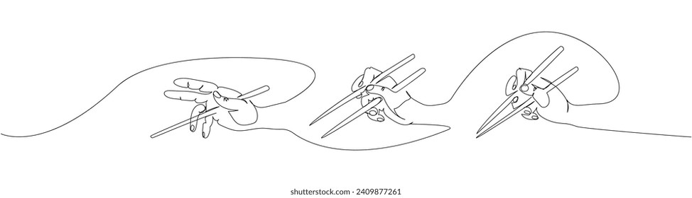 How to hold chopsticks correctly set, Japanese chopsticks, Food sticks in hand, one line art. Continuous line drawing of sushi, japanese, food, culture, tasty, restaurant, japan, asian, sea, menu