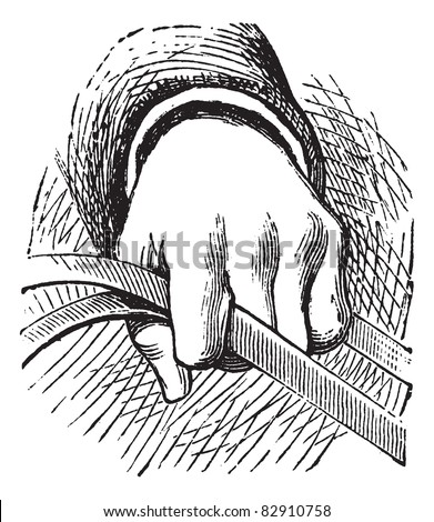 How to hold the reins of horse in simple riding, vintage engraving. Old engraved illustration of a diagram of how to hold the reins of horse in simple riding.  Trousset encyclopedia (1886 - 1891).