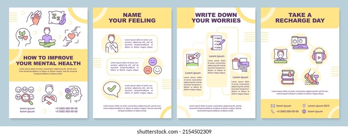 How to improve your mental health yellow brochure template. Leaflet design with linear icons. 4 vector layouts for presentation, annual reports. Arial-Black, Myriad Pro-Regular fonts used