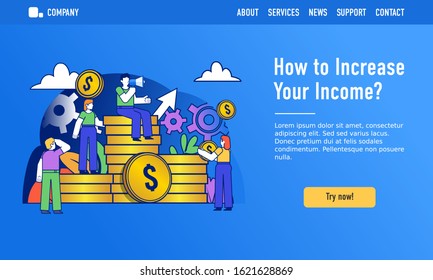 How to increase your income concept. Small people stand near big stack of golden coins. Modern design vector illustration. Web landing page template