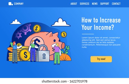 How to increase your income or savings concept. Small people stand near big piggy bank, golden coins. Modern design vector illustration. Web landing page template