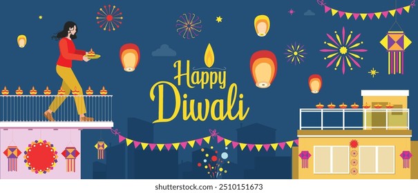 Como a cidade indiana celebra o festival com um design vetorial mínimo. Conceito do festival de Diwali com decoração da cidade indiana para férias. Cartão comemorativo, banner ou modelo de cartaz. ilustração de stock.