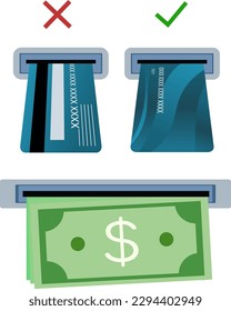 wie Sie eine Banküberweisung in eine ATM-Maschinengrafik einfügen, eine ATM-Karte, eine automatische Teller-Maschine oder einen Geldautomaten legen, Geld im ATM abheben