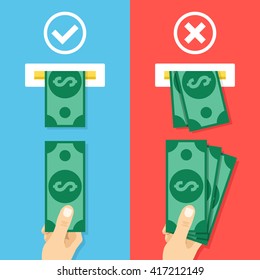 How to insert cash in atm machine. Right and wrong ways to insert cash. Hand with cash and atm machine slot. Creative flat design vector illustration