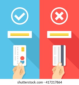 How to insert credit card in atm machine. Right and wrong ways to insert credit cards. Hand with credit cards and atm machine slot. Creative flat design vector illustration. Blue and red backgrounds