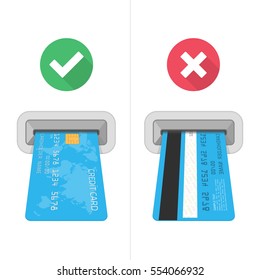 How to insert credit card in ATM. Financial icons in flat style. Right and wrong method to insert credit cards with checking icons. Vector illustration of credit cards and atm machine slot. 