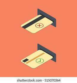 How to insert a credit card into the ATM. Financial icons isometric style, vector illustration.