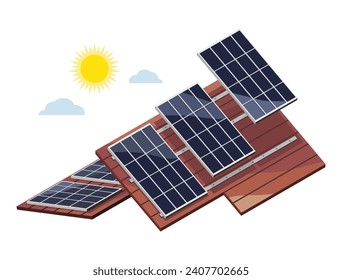 how to install solar panels on roof top of house Solar cell installation concept with sun sky isometric isolated cartoon