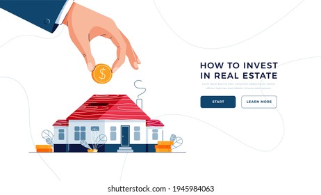 How to invest in real estate landing page template. Investor's hand puts a coin into the piggy bank house. putting up of money to real property, capital investment. Flat vector illustration