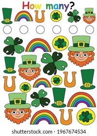 How many? - Irish-themed educational activity page for children stock vector illustration. Find and count all objects. Happy St Patrick's Day colorful printable worksheet for kids. One of a series