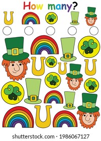 How many? Irish-themed educational activity page for preschool kids vector illustration. Patrick's day vertical colorful printable worksheet for children. Find and count all objects and write numbers