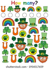 How many? - Irish-themed game for children colorful vertical worksheet stock vector illustration. Find and count all cartoon hand-drawn objects educational activity page for kids