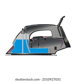Como o ferro funciona. Diagrama do equipamento de vapor. Esquema eletrônico de eletrodomésticos. 3d industrial blueprint. Esboço isolado. Ilustração vetorial
