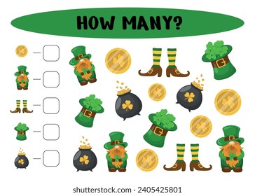 How many? Kids game with st Patrick day vector elements. Development of numeracy skills and attention, cartoon riddle page. Math worksheet for kindergarten, school, preschool children. 