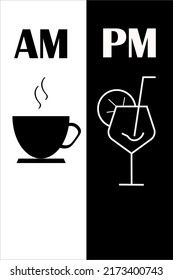 How to know what time is it, AM tea time, black and white minimalist poster design vector, two pieces poster design, wall art decor, tea cup and juice glass
