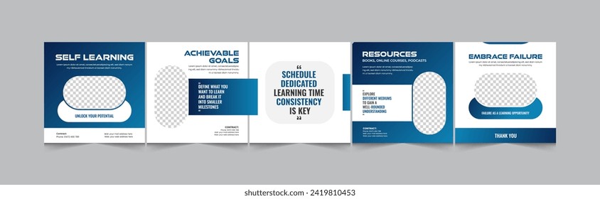 How to learn by self social media carousel, instagram carousel banner design for motivational, inspirational, personal growth coach with modern and creative layout, vector illustration EPS 10