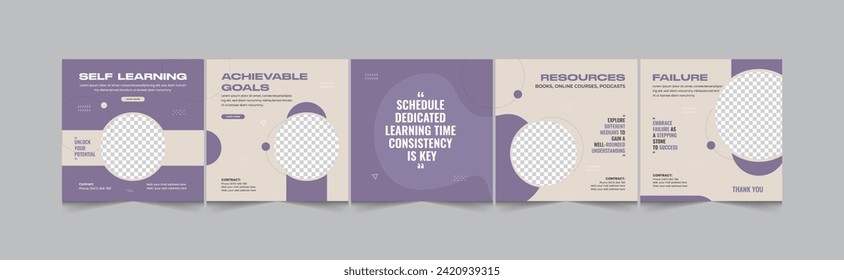 How to learn by self social media carousel, instagram carousel banner design for motivational, inspirational, personal growth coach with modern and creative layout, vector illustration EPS 10