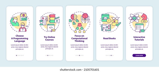 How to learn to code onboarding mobile app screen. Education walkthrough 5 steps graphic instructions pages with linear concepts. UI, UX, GUI template. Myriad Pro-Bold, Regular fonts used