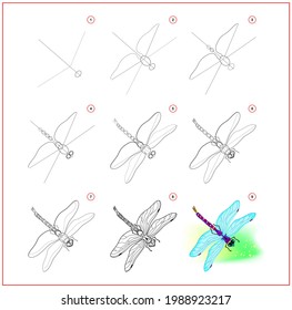 How to learn to draw dragonfly. Educational page for children. Creation step by step animal illustration. Printable worksheet for kids school exercise book. Online education.