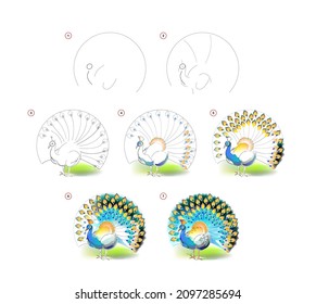 How to learn to draw sketch of beautiful peacock with loose tail. Creation step by step watercolor painting. Educational page for artists. Textbook for developing artistic skills. Online education.