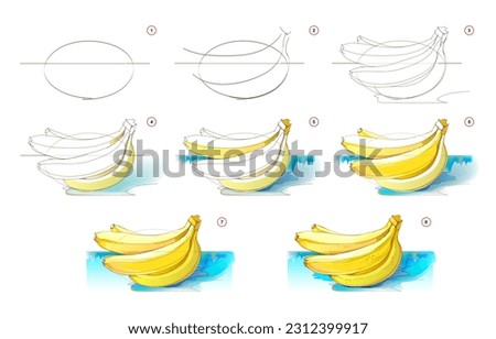 How to learn to draw sketch of a bunch of bananas. Creation step by step watercolor painting. Educational page for artists. Textbook for developing artistic skills. Vector illustration.