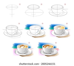 How to learn to draw sketch of cup of coffee. Creation step by step watercolor painting. Educational page for artists. Textbook for developing artistic skills. Online education. Vector illustration.