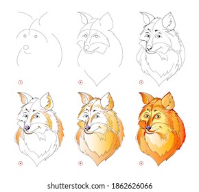 How to learn to draw sketch of cute sly foxes head. Creation step by step watercolor painting. Educational page for artists. Textbook for developing artistic skills. Online education.