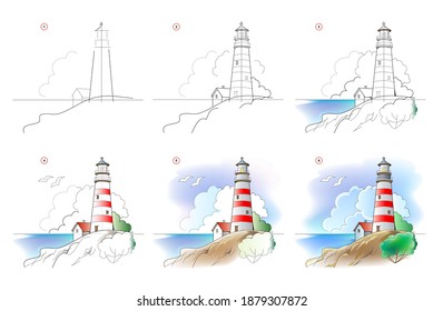 How to learn to draw sketch of landscape with lighthouse. Creation step by step watercolor painting. Educational page for artists. Textbook for developing artistic skills. Online education.