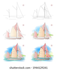 How to learn to draw sketch of swimming sailboat. Creation step by step watercolor painting. Educational page for artists. Textbook for developing artistic skills. Online education.