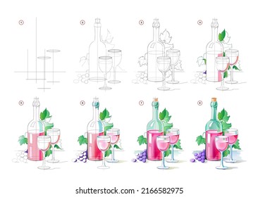 Wie man das Stillleben mit Flasche und Gläsern Wein zu zeichnen lernt. Erstellung Schritt für Schritt Aquarellmalerei. Bildungs-Seite für Künstler. Lehrbuch zur Entwicklung künstlerischer Fähigkeiten. Online-Bildung.