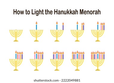 How to light the Hanukkah Menorah instruction. Golden candlestick with bright colorful candles isolated on white background. Vector illustration in flat style 
