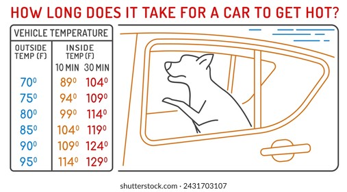 Wie lange dauert es, bis ein Auto heiß wird? Medizinische Infografik. Landschaftstierarzt Poster. Nützliche Informationen. Ihr Konzept für das Wohlbefinden von Haustieren. Vektor-Illustration isoliert auf weißem Hintergrund