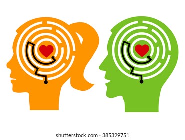 How to love yourself.
Female and  male stylized head silhouettes with maze and heart. Icon symbolizing solutions How to love yourself. Vector available.
