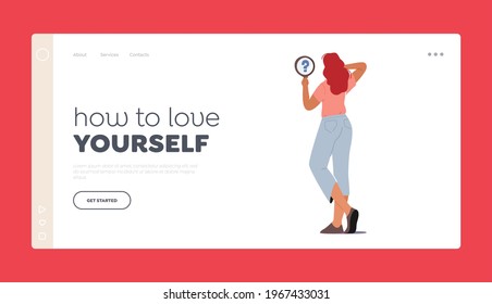 How to Love Yourself Landing Page Template. Self Anger, Loathing, Low Esteem Concept. Unhappy Female Character Look on herself in Mirror with Question Mark, Mind Imbalance. Cartoon Vector Illustration