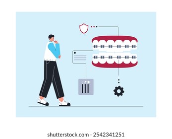 Como manter dentes saudáveis que têm aparelho instalado pelo dentista, ilustração vetorial.