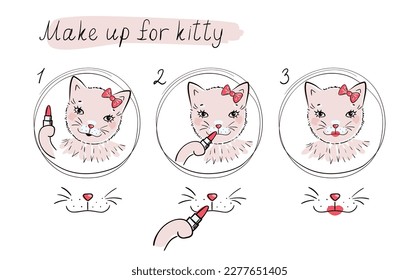 How to make a beautiful cat with makeup. How to use lipstick for kitty. Beauty white kitten girl applying red lipstick. Cute pretty character. Vector cartoon comics art. Only for fashionable cats!