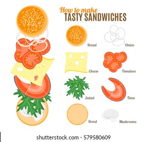How To Make Burgers and Sandwiches with Fish Poster with the Instruction Manual Create Fast Food Flat Design Style. Vector illustration