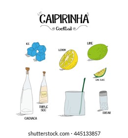 how to make a Caipirinha cocktail set with ingredients for restaurants and bar business vector illustration