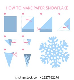 How to make christmas blue snowflake of different shape diy. Step-by-step instruction for paper origami toy. Tutorial for children. Isolated vector flat illustration