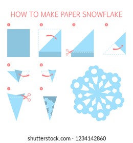 How to make christmas blue snowflake of different shape diy. Step-by-step instruction for paper origami toy. Tutorial for children. Isolated vector flat illustration