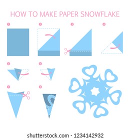 How to make christmas blue snowflake of different shape diy. Step-by-step instruction for paper origami toy. Tutorial for children. Isolated vector flat illustration