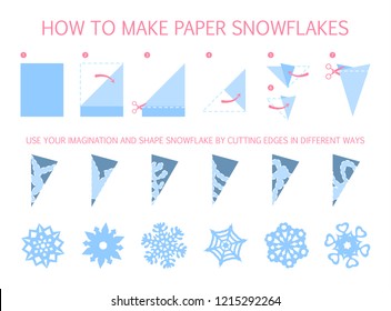 How to make christmas white snowflake of different shape diy. Step-by-step instruction for paper origami toy. Tutorial for children. Isolated vector flat illustration