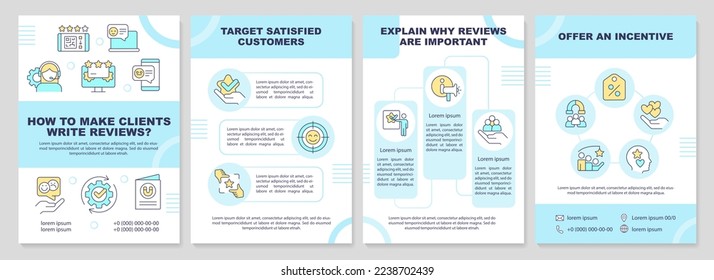 How to make clients write reviews cyan brochure template. Leaflet design with linear icons. Editable 4 vector layouts for presentation, annual reports. Arial-Black, Myriad Pro-Regular fonts used