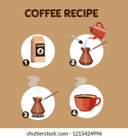 How to make coffee drink instruction. Step-by-step guide for making hot tasty cup of drink for breakfast. Process of coffee making in turk. Vector illustration in cartoon style