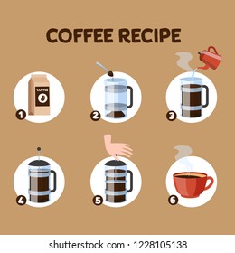 How to make coffee drink instruction. Step-by-step guide for making hot tasty cup of drink for breakfast. Process of coffee making in french press. Vector illustration in cartoon style