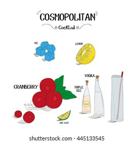 how to make a Cosmopolitan cocktail set with ingredients for restaurants and bar business vector illustration