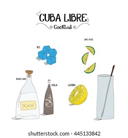 how to make a Cuba Libre cocktail set with ingredients for restaurants and bar business vector illustration