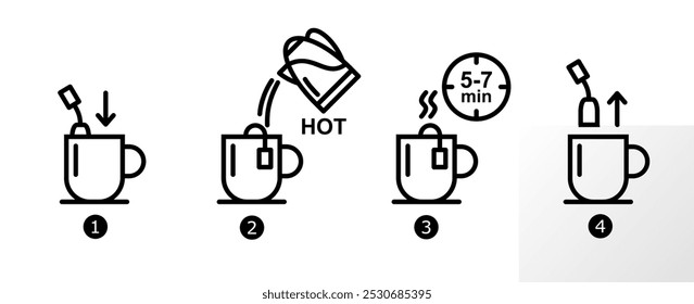 how to make a cup of tea step by step guideline (solid black fill). vector making a cup of tea instruction for package, mockup, product, web, app, ui etc use.